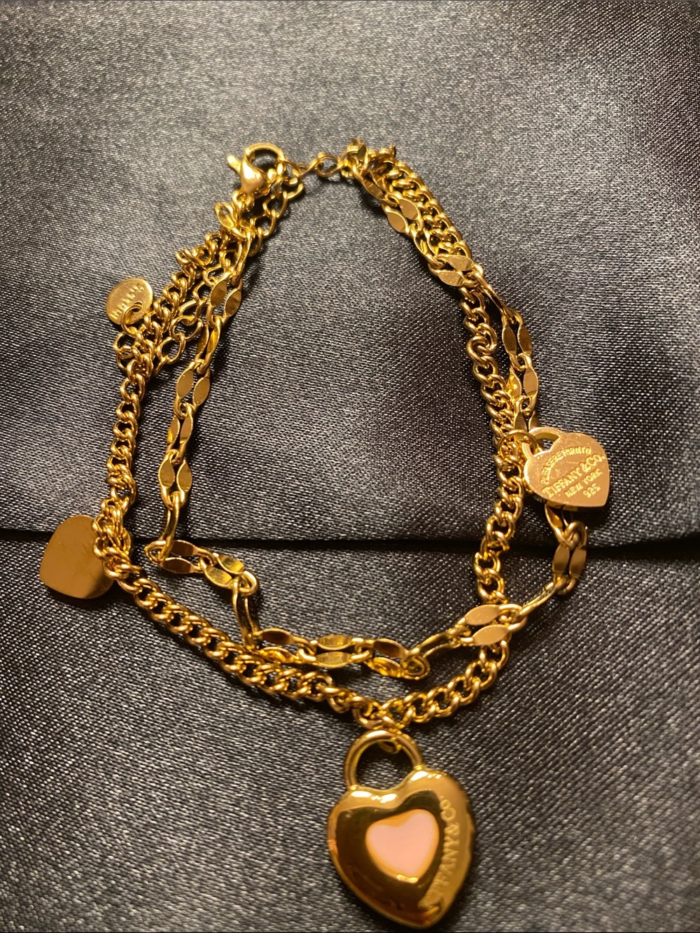 Fashion Jewelry Gold-Tone Layered Tiffany Heart Padlock Bracelet with Pink Accen